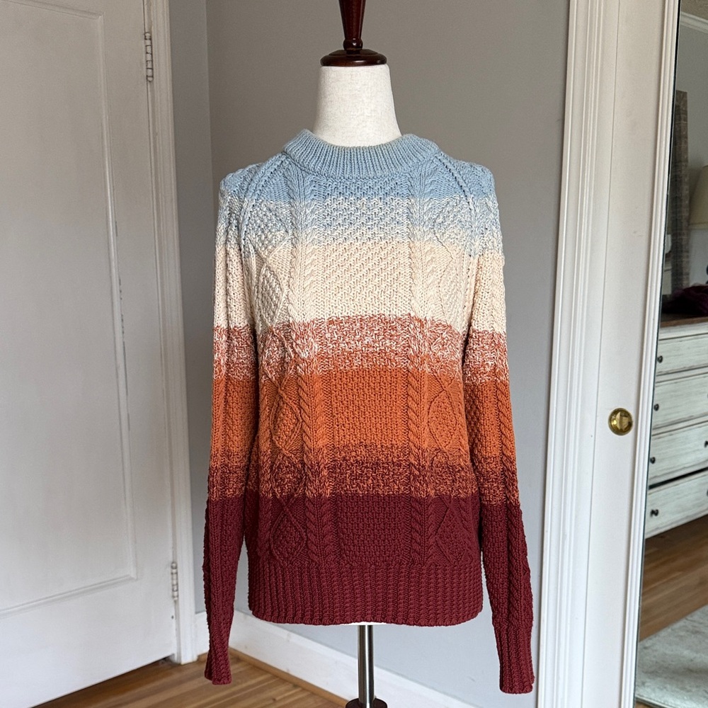 L.L. Bean Cable Knit Crewneck Sweater in Light Blue, Cream, Orange, Rust